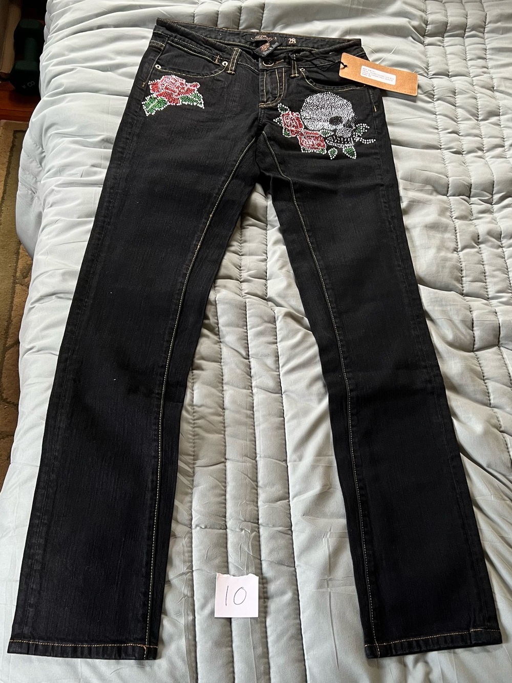 VTG Ed Hardy Christian Audigier Black Jeans with Rhinestone Skull & Rose Motif
